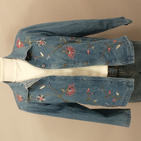 Embroidered Denim Shirt Jacket Vintage Floral Shacket 80s / 90s Blue Jean Cotton - Picture 11 of 12